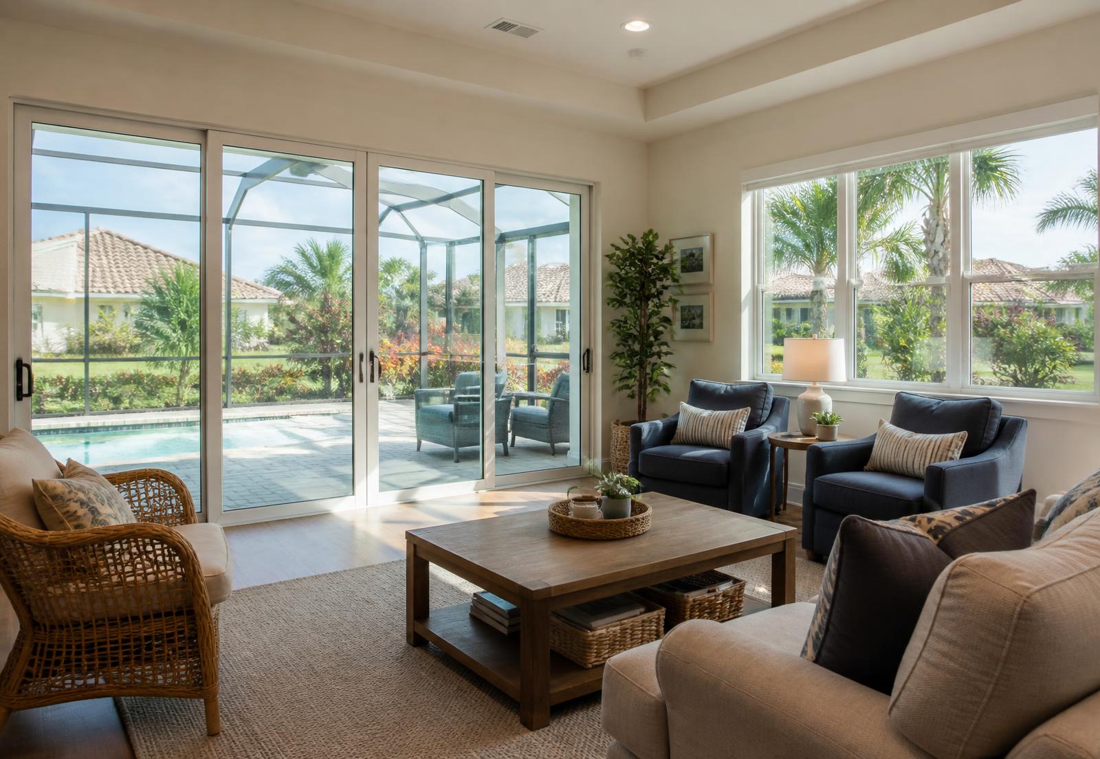 Large modern impact windows in a bright Florida living room