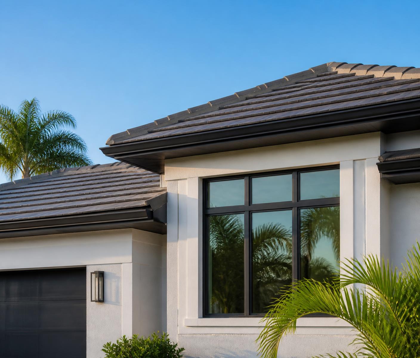 New tile roof and modern windows on a Florida home under a clear sky