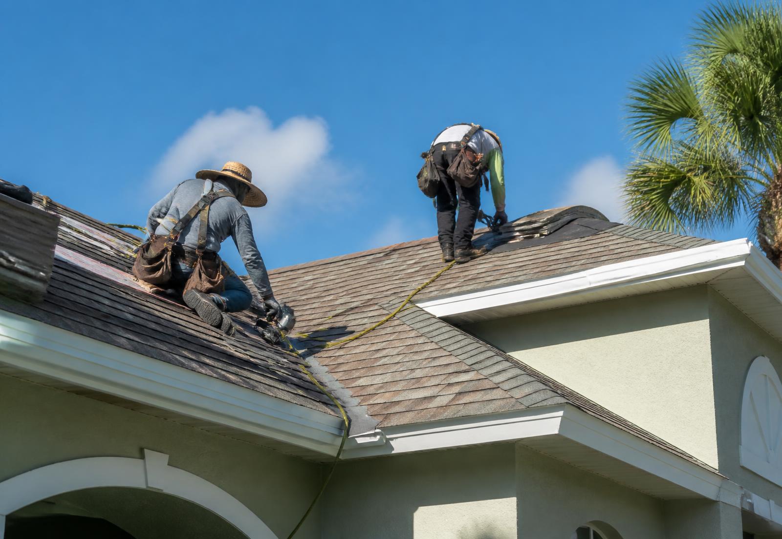 Roofing professionals installing shingles on a Florida home